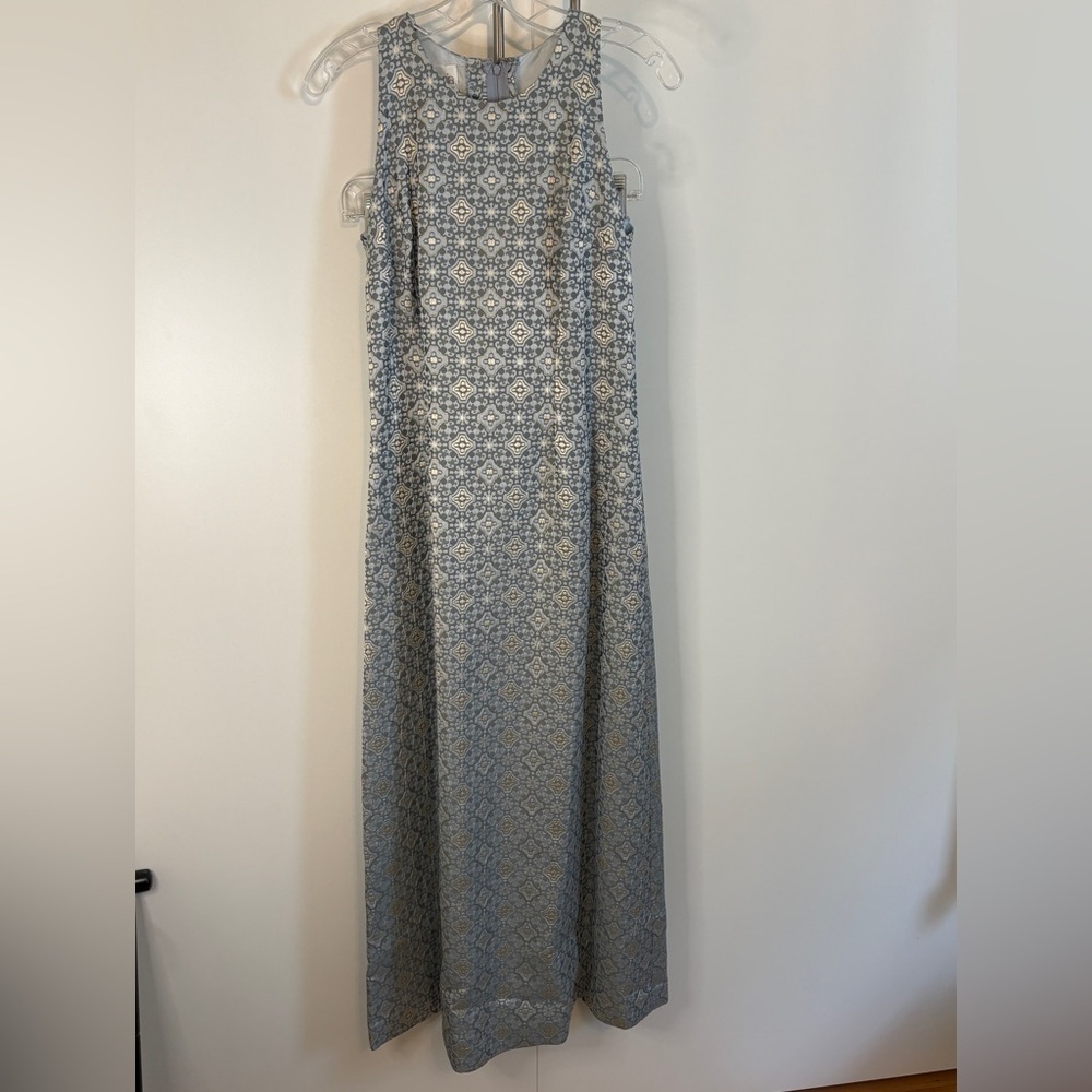 Ceremonia Custom Made Racerback Silk Blue, Cream, Gold Maxi Dress w Shawl